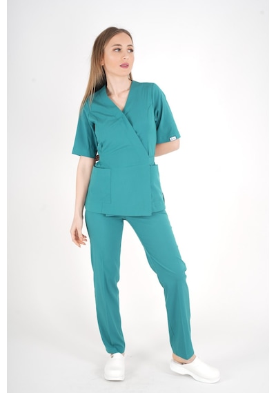 Ameliyat Yeşili Elegant Model Cerrahi Üniforma Belden Bağlamalı Scrubs Takım Ameliyat Yeşili