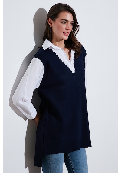Lela Modest Standart Fit Gömlek Yaka Tesettür Triko Bayan Tunik 4612148 Lacivert