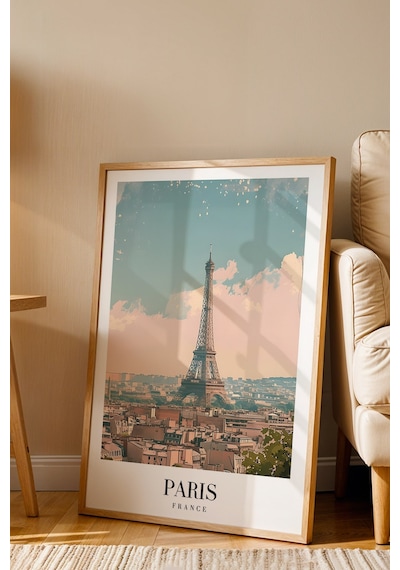 Paris France Vintage Seyahat Posteri Çerçeveli Tablo - Premium Eyfel Kulesi Elit Duvar Dekoru Kayın