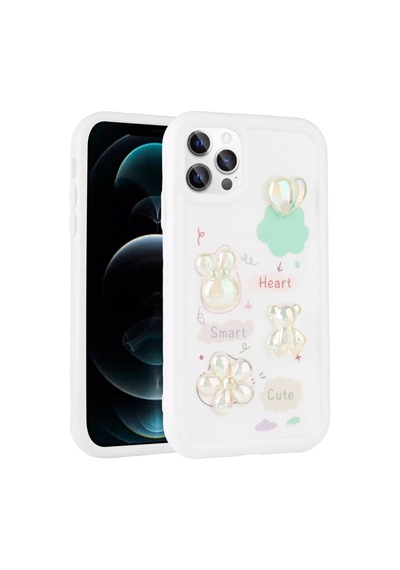 Apple Uyumlu iPhone 13 Pro Max Kılıf Kabartma Figürlü Parlak Zore Toys Silikon Kapak Beyaz