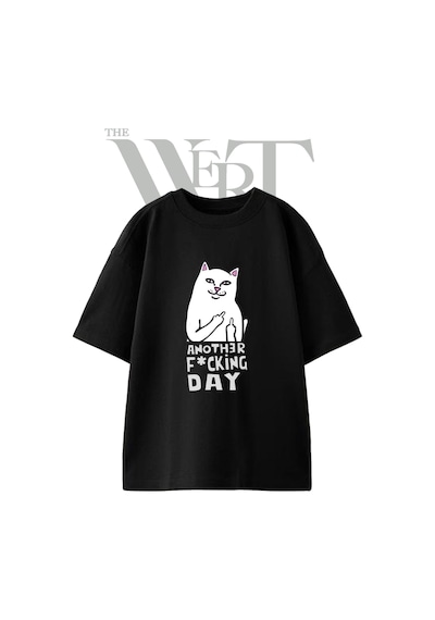 Thewert Orta Parmak Kedi Tasarım Baskılı Ünisex Siyah Oversize T-shirt