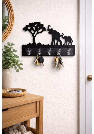 Fil Temalı Dekoratif Duvar Askılığı 6 Kancalı Mdf Anahtarlık Ve Askı 39 X 27,5 Cm Siyah Siyah