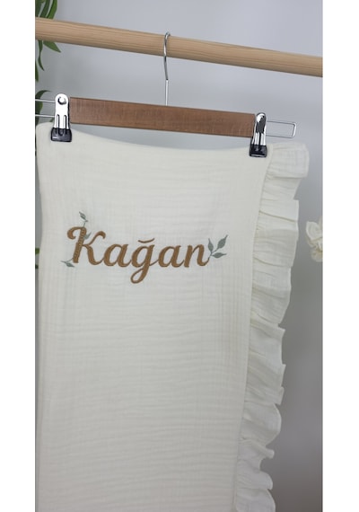 Gros Shop Müslin Yeni Doğan 4katlı Organik %100pamuk Kişiye Özgü Nakışlı Hastane Çıkış Seti Yaprak Desen-2 Ekru-1