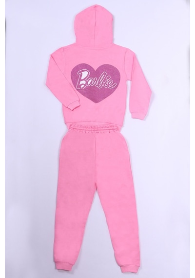 Kız Çocuk Eşofman Takımı Barbie Baskılı Kapşonlu B57 Pembe