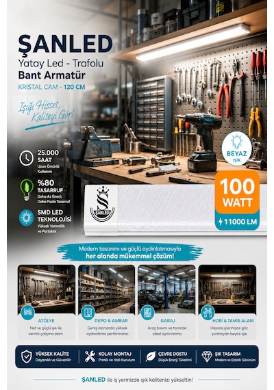 100wat 120 Cm Kristal Yatay Led Bant Armatür-trafolu Beyaz Işık -4 Adettir