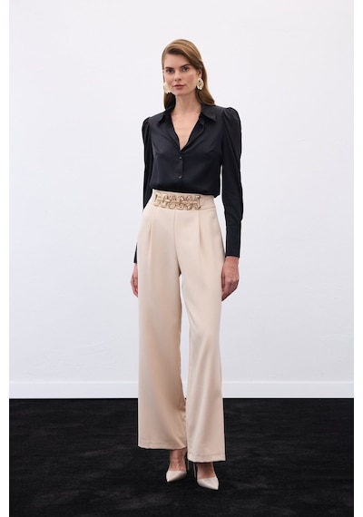 Sateen Kemerli Salaş Pantolon - Bej-136536 Bej