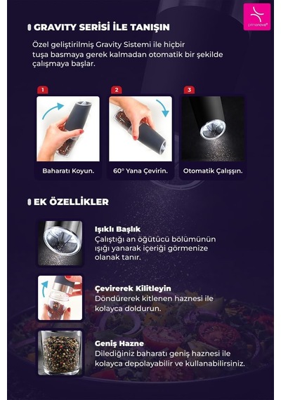 Gravity Paslanmaz Çelik Otomatik Tuz & Karabiber Öğütücü Pilli - Siyah Diğer