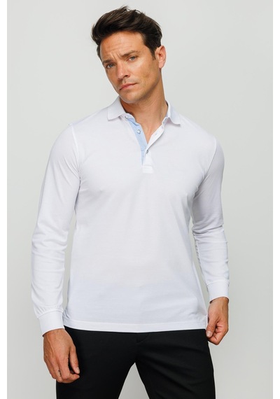 Desen Triko Erkek Polo Yaka Uzun Kollu Sweatshirt Beyaz Beyaz