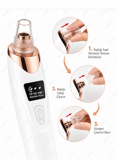 Ahm Vakumlu Derma Siyah Nokta Temizleme Cihazı Lcd Ekranlı 5 Başlıklı 3 Kademeli Güç Ayarlı Usb Şarjlı Gözenek Temizleyici Yüz Bakım Cihazı