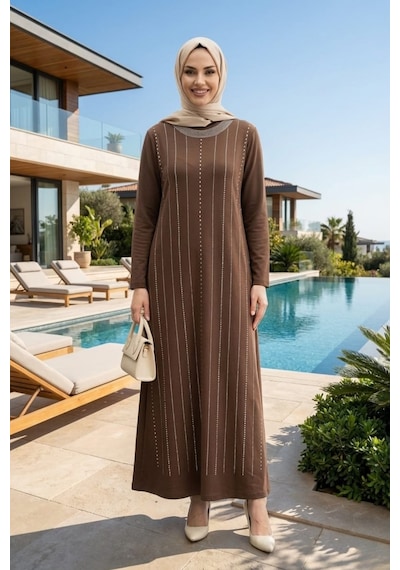 Hb Harma Time Butik Kadın Kahverengi Kristal Kumaş Taş Detaylı Uzun Tesettür Elbise Hb Harma Time Butik Kadın Kahverengi Kristal Kumaş Taş Detaylı Uzun Tesettür Elbise