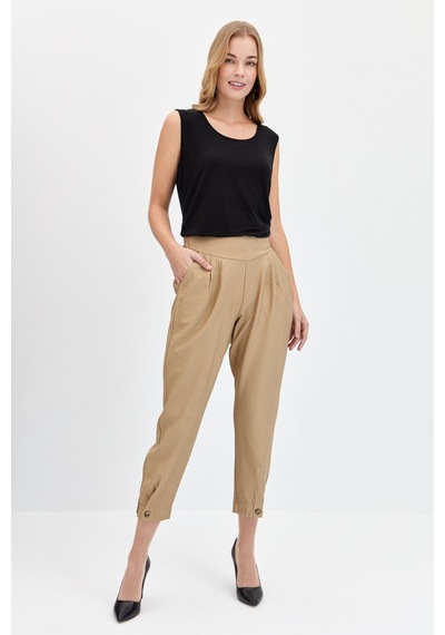 Kadın Geniş Kemerli Paçası Düğmeli Keten Pantolon Camel Camel
