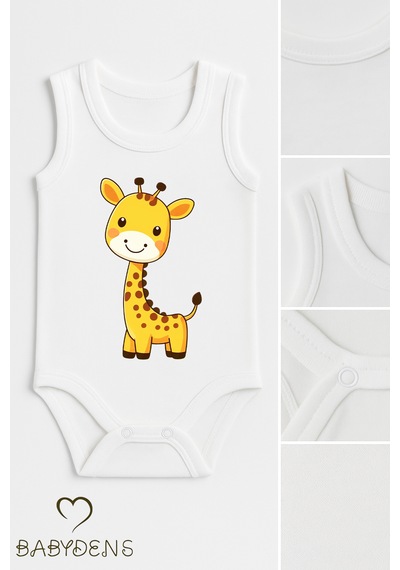 Babyden's %100 Pamuklu Hayvan Figürlü Kolsuz Çıtçıtlı Bebek Body Unisex Zıbın Zürafa Beyaz