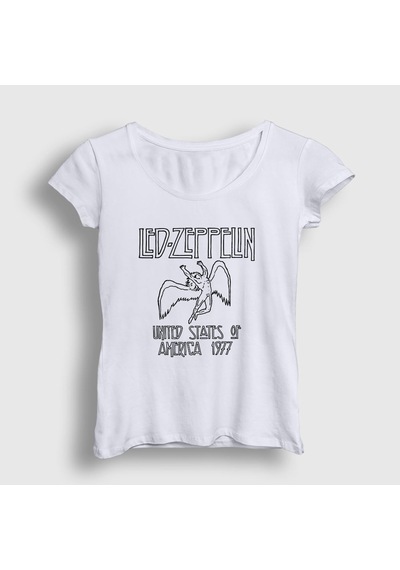 Presmono Kadın Logo Led Zeppelin T-shirt Beyaz