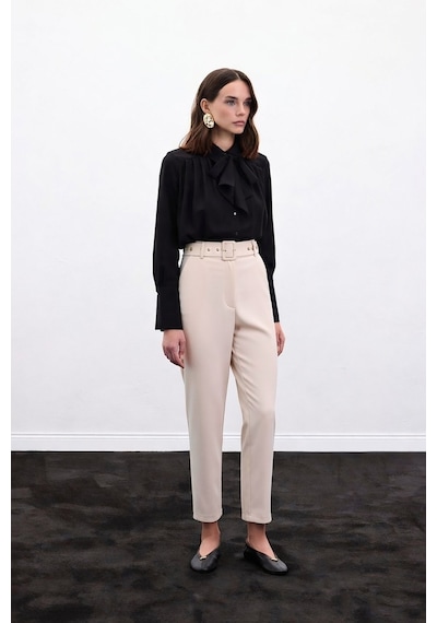 Sateen Kemerli Pantolon - Bej-136909 Bej