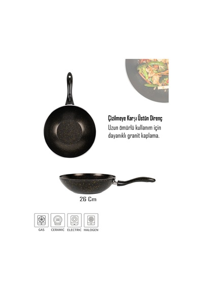 Bonetti Granit Siyah Wok Tava 26 Cm Yapışmaz Yüzey Siyah