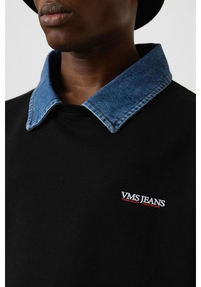Polo Yaka Yazı Detaylı Oversize Tişört Siyah