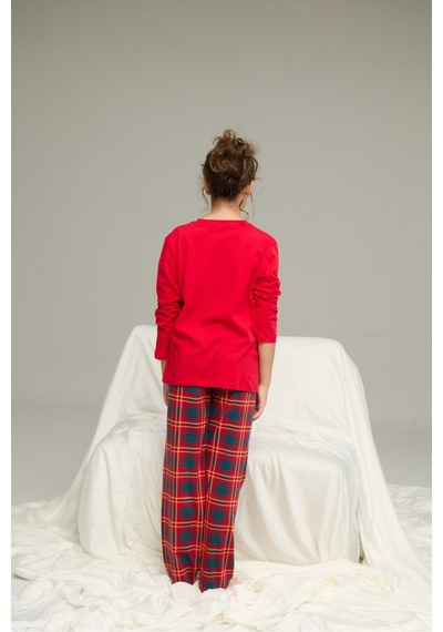 Siyah İnci Pamuklu Bisiklet Yaka Örme Pijama Takım25241124 Kırmızı