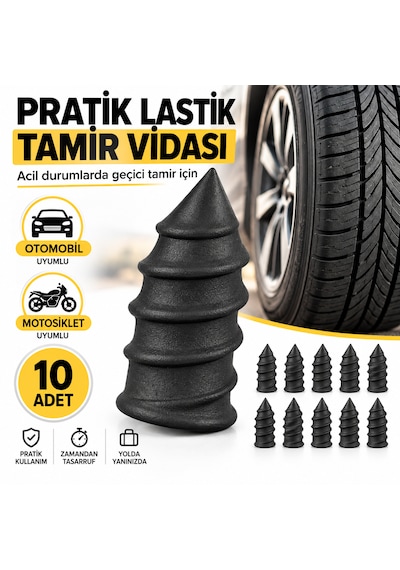 Lastik Tamir Kiti 10'lu Kauçuk Tamir Vidası Otomobil Ve Motosiklet Uyumlu