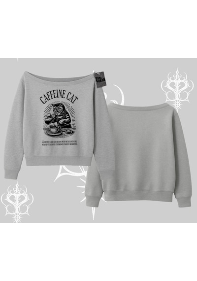 Startmore Kayık Yaka Sweatshirt Caffeine Cat Kahve Temalı Kedi Baskılı Gri