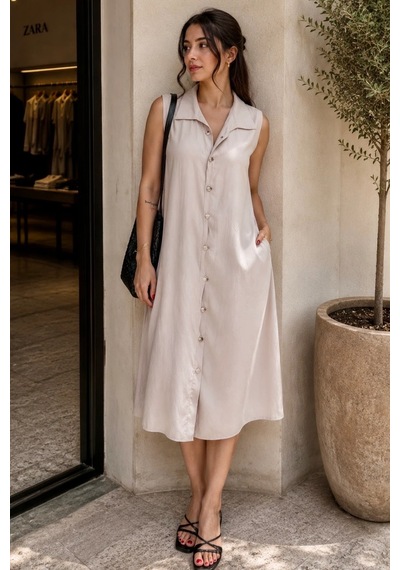 Bb Butik Basic Dokuma Kumaş Kolsuz Düğmeli Gömlek Elbise Cepli Midi Yazlık Elbise My3535 Bej Bb Butik Basic Dokuma Kumaş Kolsuz Düğmeli Gömlek Elbise Cepli Midi Yazlık Elbise My3535 Bej
