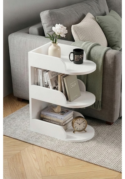 Yan Sehpa Modern 3 Katlı Kitaplıklı Çok Amaçlı Dekoratif Sehpa Minimal Tasarım 6103 Traverten Beyaz
