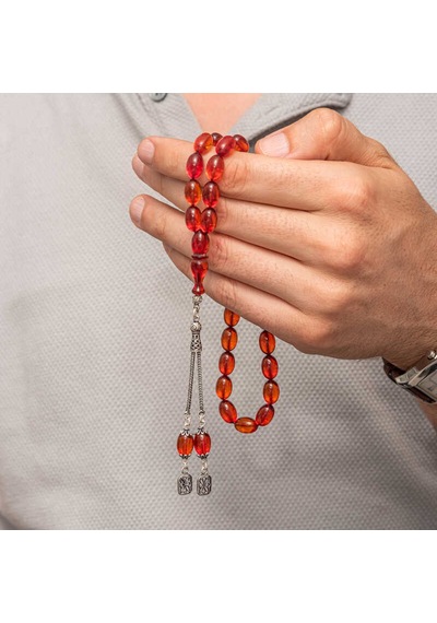 Gümüş Püsküllü Ateş Kehribar Tesbih Sl12420 Gümüş