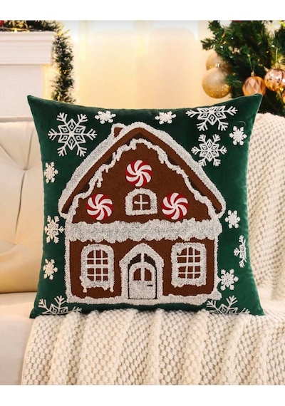 Yeni Yıl Noel Ev Desenli Yeşil Kadife Kırlent Kılıfı
