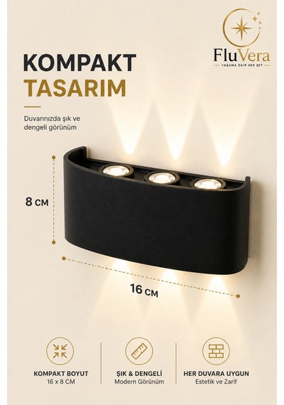 Çift Yönlü Pilsiz Gün Işığı Duvar Lambası İç Dış Mekan Duvar Aydınlatma Dekoratif Led Aplik Siyah