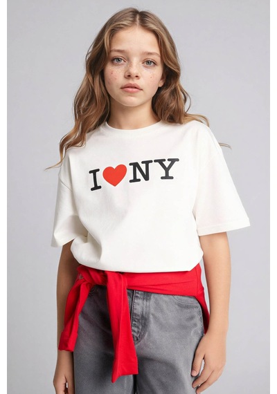 Defacto I Love Ny Oversıze Tişört Kız Çocuk H0147a826smer105 Ekru-er105