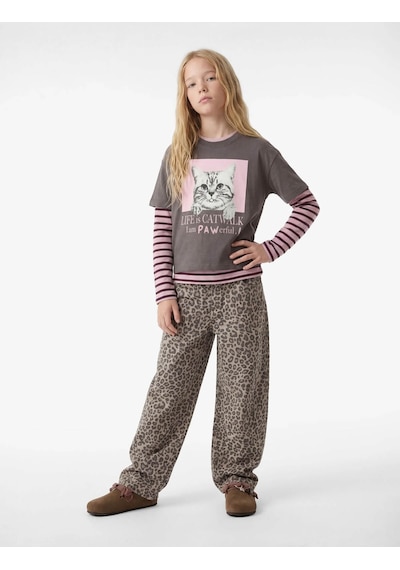 Koton Kedi Baskılı Antrasit Kız Çocuk T-shirt 6skg10105ak Antrasit