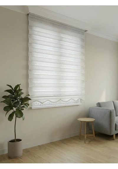 Pliseli Zebra Stor Perde Gümüş Simli Boncuklu Pls V01 Beyaz - Gümüş