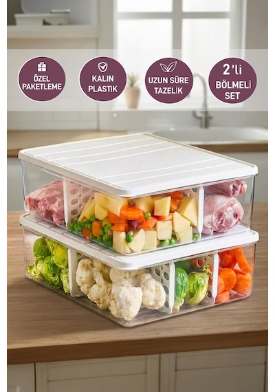 Selka Home 2 Adet 4 Lt.  Nora Bölmeli Organizer Buzdolabı Buzluk Düzenleyici Saklama Kabı