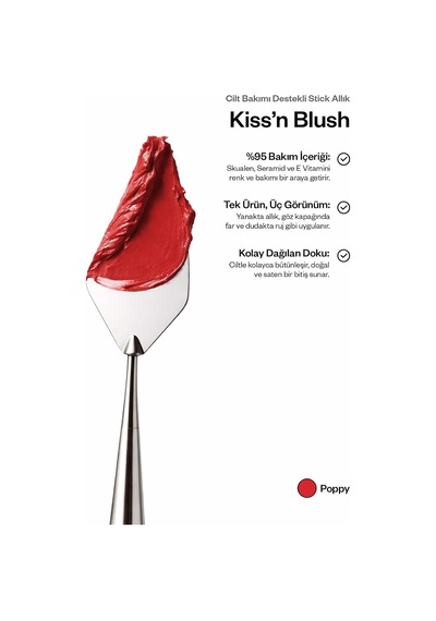 Kıss'n Blush Allık, Ruj, Göz Farı Nemlendirici 3in1 Ceramide Skualen Vitamin E Poppy Çok Renkli