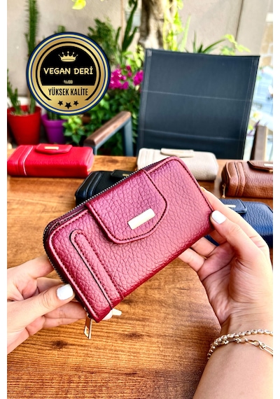 Lavinia Bordo Vegan Deri Kadın Cüzdan Fermuarlı Ve Mıknatıslı 16x9 Cm Bordo