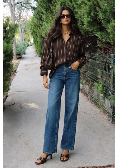 Lijuri Çizgili Oversize Kesim Gömlek 3505 Kahverengi
