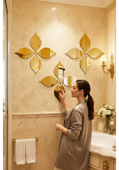 Yonca Şeklinde Yapışkanlı 1 Mm Gold Aynalı Pleksi 29 X 29 Cm 4 Adet 1 Takım Cam Sarı Renkli