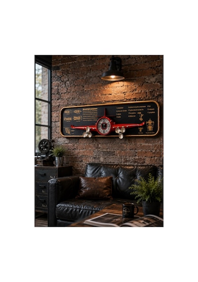 Uçak Tasarımlı Duvar Tablosu 3d Kabartmalı Metal Uçak Duvar Saati Tablo Ev Ofis Dekoru 78x21cm Krmzı Biblo