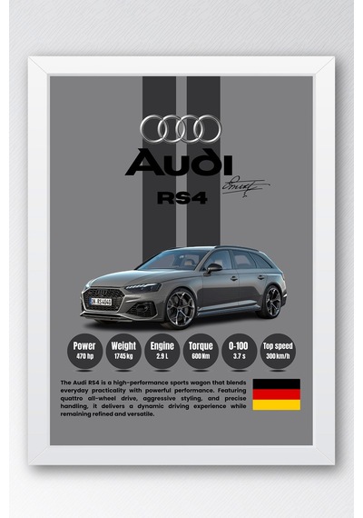 Audi Rs4 Premium Spor Araba Çerçeveli Tablo - Teknik Özellikli Otomobil Sever Duvar Dekoru Beyaz
