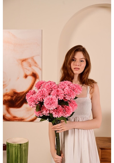 Pembe Yapay Dahlia Yıldız Çiçeği 3 Dallı Lüx İpeksi Dokulu 75 Cm