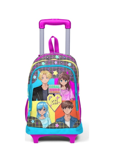 Coral High Gri Mavi Pembe Anime Desenli Üç Bölmeli Çekçekli Okul Sırt Çantası 23937