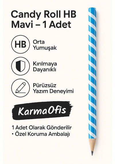 Candy Roll Hb Pembe Kurşun Kalem 1 Adet Şerit Desenli Hb Uç Mavi