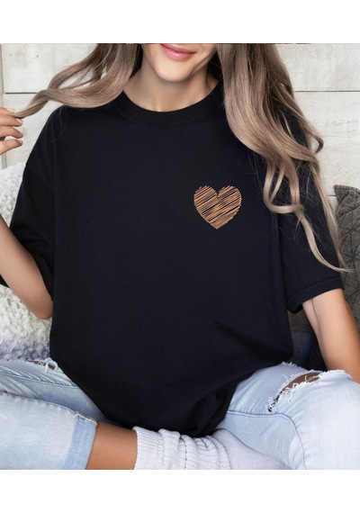 Aselinda Kadınlar İçin Yeni Moda Kalp Baskılı Yuvarlak Yaka Kısa Kollu Tişört Siyah