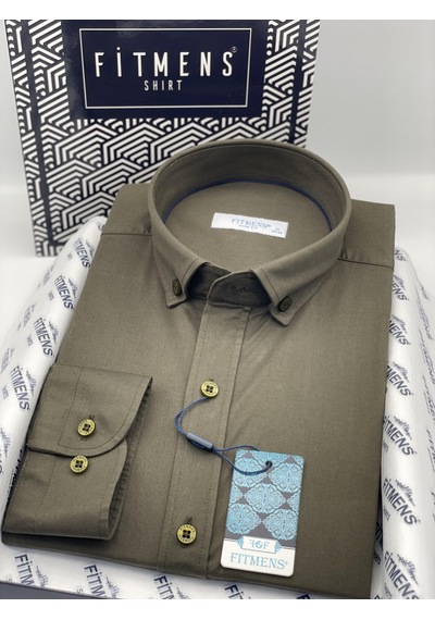 Slim Fit Uzun Kol Yıkamalı Gabardin Hediye Kutulu Erkek Gömlek Fs-001364 - Haki-1443