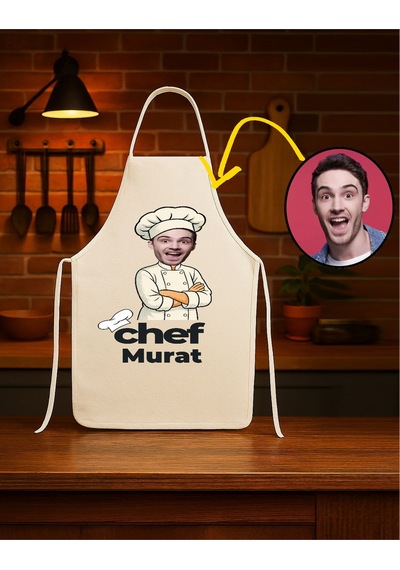 Kişiye Özel Karikatür Fotoğraflı Ve İsimli Mutfak Önlüğü Chef Tasarımlı 1 Krem