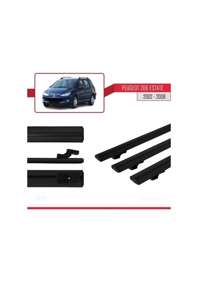 Peugeot 206 Estate 2002-2008 Arası İle Uyumlu Basic Model Ara Atkı Tavan Barı Siyah 3 Adet