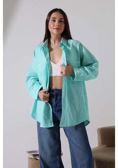 Yeni Sezon Poplin Kumaş Çift Cepli Oversize Pamuklu Kadın Tunik Gömlek Turkuaz