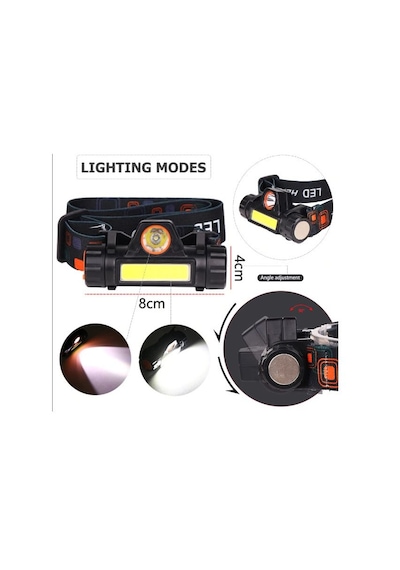 Süper Parlak Cob Led 1200 Lümen Şarjlı Kafa Feneri. Kafa Lambası Siyah