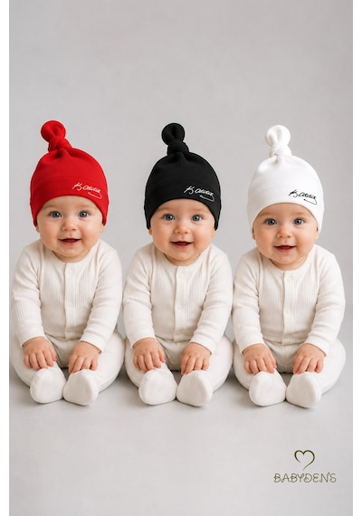 Babyden's Atatürk İmzalı Yenidoğan Bebek Şapka Seti 3 Lü Paket %100 Pamuklu Unisex Bebek Bere Takımı Beyaz - Kırmızı - Siyah