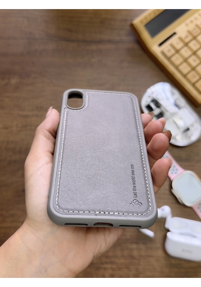 Apple iPhone X Uyumlu Premium Deri Dokulu Darbelere Karşı Dayanıklı Nazal Silikon Kılıf Gri
