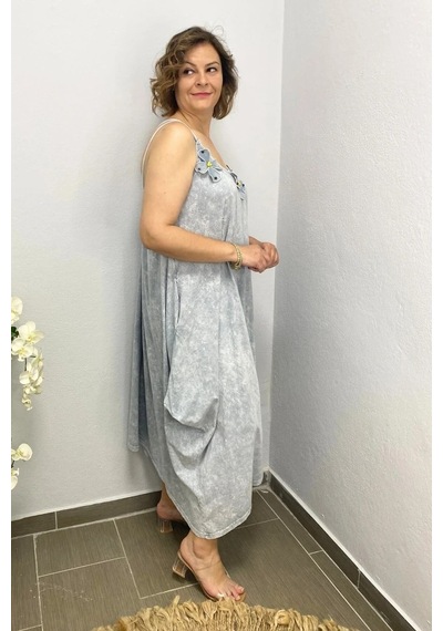 Mia Butik Büyük Beden Gri Pamuklu Şalvar Kesim Çiçekli Elbise Gri